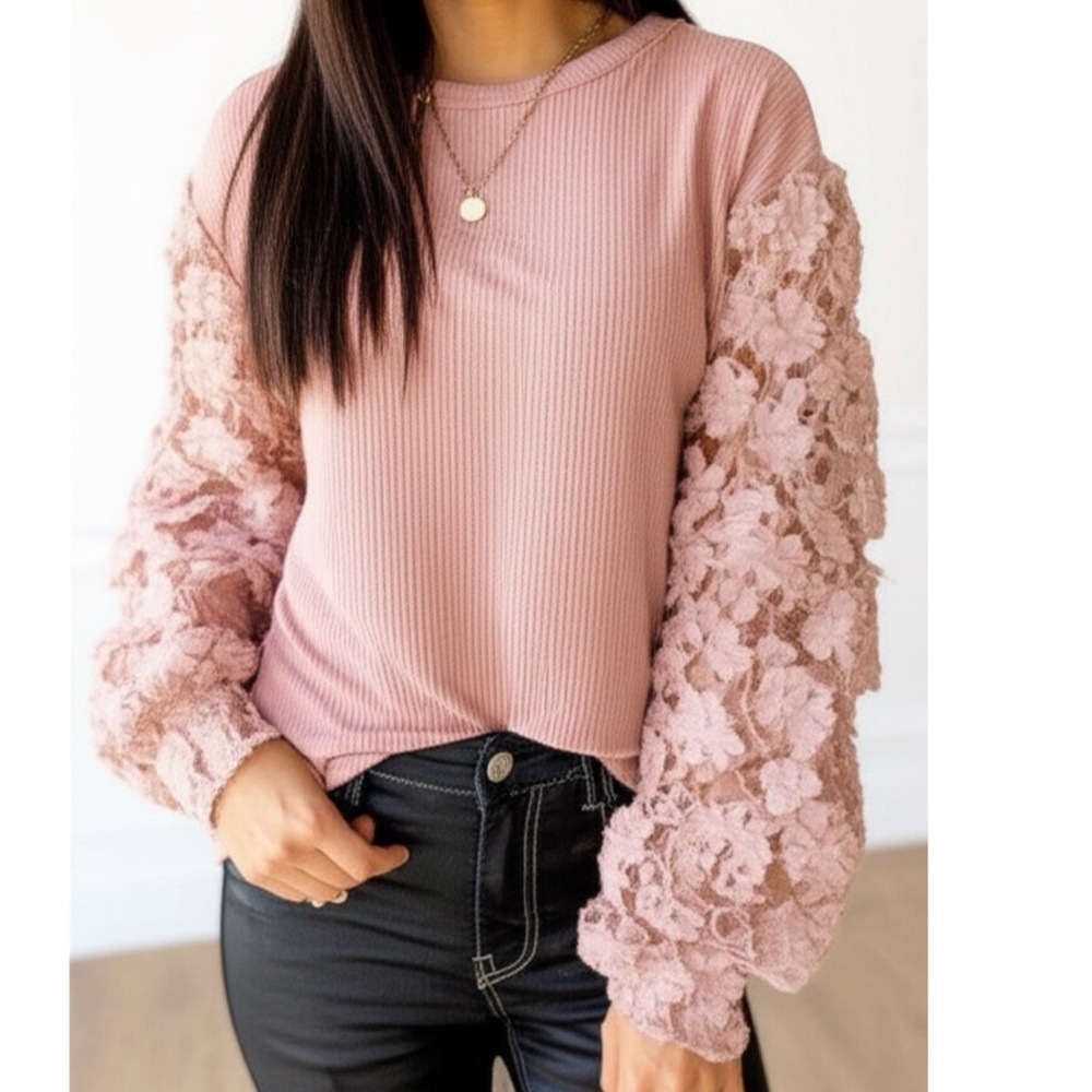 Southern Grace Dusty Pink Floral Lace Sleeve Knit Top